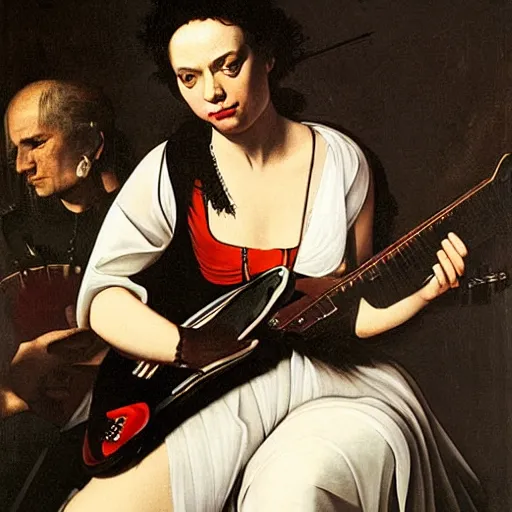 Prompt: St. Vincent playing electric guitar by Caravaggio