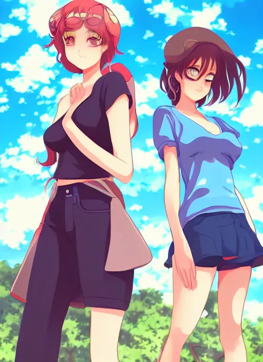 Prompt: two beautiful women under a blue sky, casual summer clothes, gorgeous faces, thick lines, cinematic lighting, detailed anime art