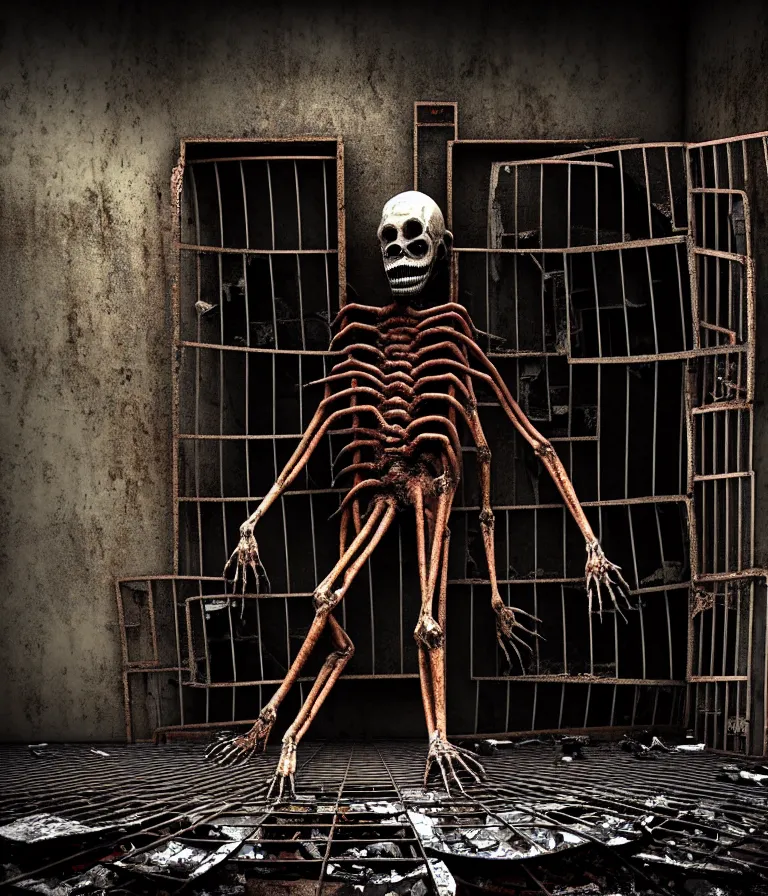 Image similar to Creepy huge suffering humanoid with long limbs sits on the floor and looks at the old TV. An underground very dark gloomy multi-layered structure of rusty thick iron grates, dense chain-link fencing and peeling walls. Inside view, collapsed floors, bent rusted iron, masterpiece, black background, corners, cinematic, hyperdetailed, photorealistic, hyperrealism, octane render, 8k, depth of field, bokeh, architecture, shadows, art by Zdzisław Beksiński, Dariusz Zawadzki