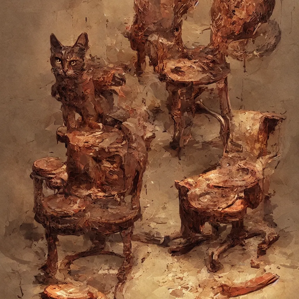 Image similar to a cat character laying, wood carved chair, super powers, concept art, by greg rutkowski, old copper pipes, complementing colors