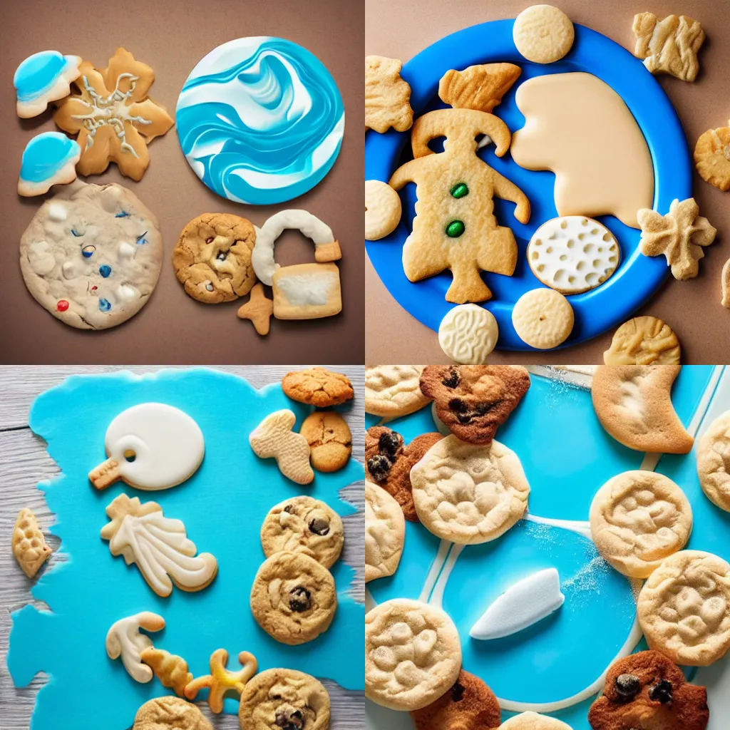 Prompt: Ocean made of milk with cookies and biscuits photorealistic