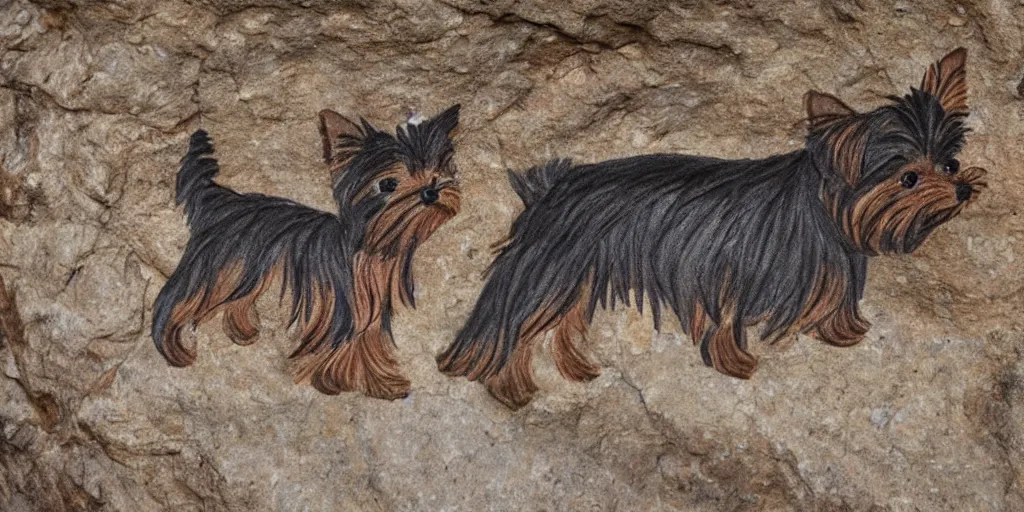 Image similar to A Yorkshire Terrier very roughly sketched on the wall of a cave, a petrogliph, stone art in red by Altamira Cave dwellers, stone art