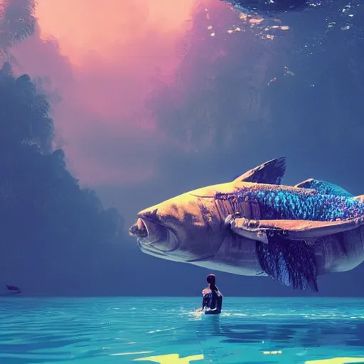 Prompt: a giant fish that is floating in the water, a screenshot by beeple, featured on polycount, symbolism, lovecraftian, concept art, biomorphic