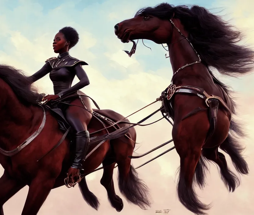 Prompt: full body portrait of beautiful black woman riding a clydesdale, cinematic, highly detailed, digital painting, artstation, concept art, smooth, sharp focus, illustration, face by wlop, illustrated by mars ravelo and greg rutkowski