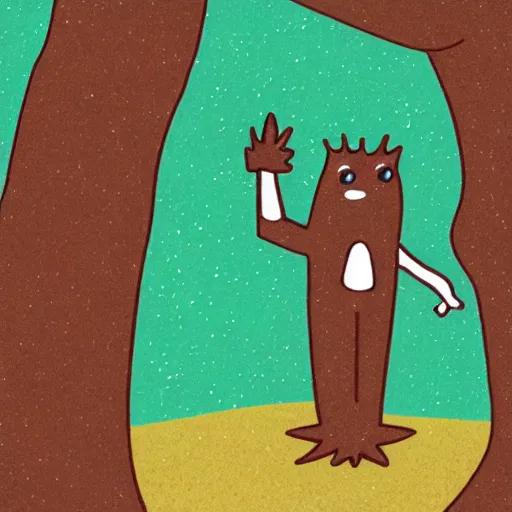 Image similar to an illustration of an anthropomorphic tree giving a thumbs-up while bouldering