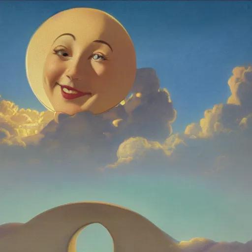 Prompt: matte painting of a smiling crescent moon face, mouth open, surrounded by clouds, birds eye view, highly detailed, disney, style of maxfield parrish, in the style of lady and the tramp