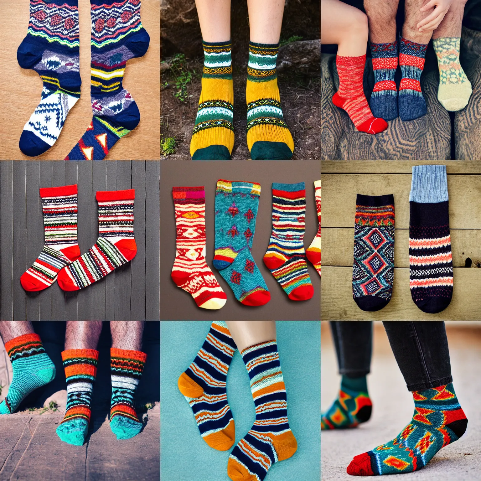 Prompt: knit socks with tribal pattern, product photo