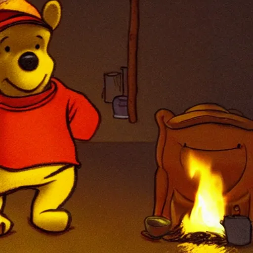 Image similar to winnie the pooh lighting a house on fire, in the style of winnie the pooh