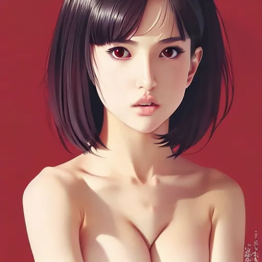 Image similar to a beautiful young japanese natalie portman alluring gravure model in crop top, large chest, by ilya kuvshinov and artgerm, aesthetic, gorgeous, alluring, attractive, gapmoe yandere grimdark, trending on pixiv fanbox, painted by greg rutkowski makoto shinkai takashi takeuchi studio ghibli, akihiko yoshida