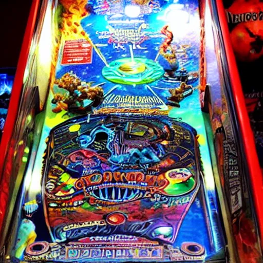 Image similar to full view of a cosmic horror pinball machine, photo