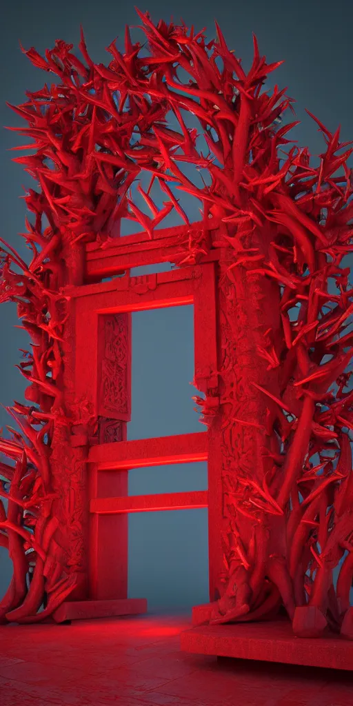 Image similar to 3 d render of a carved red torii gate infected by mushroom, sculpture, chrometype, neotribal with thorns and thunders, raytraced, volumetric lightning, 8 k, by zhelong xu, ouchh and and innate studio