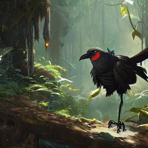 Prompt: concept art painting of an anthropomorphic humanoid steampunk crow, in the deep forest, realistic, detailed, cel shaded, in the style of makoto shinkai and greg rutkowski and james gurney