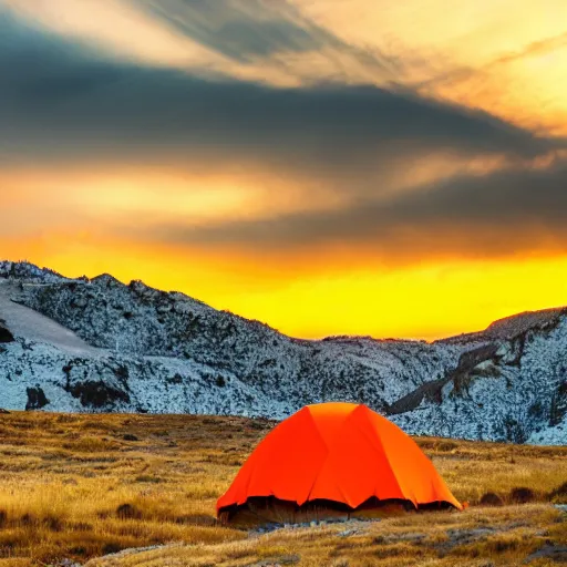 Image similar to an orange tent in the foreground of the sierra mountains at dawn, photo, 4 k