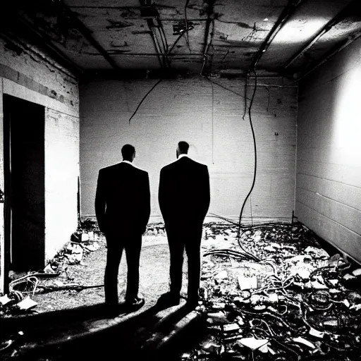 Prompt: two men in black, looking at a black hole in the dark grimy grungy basement of an abandoned apartment block, wires, cables, grainy black and white photography, 2 0 mm lens