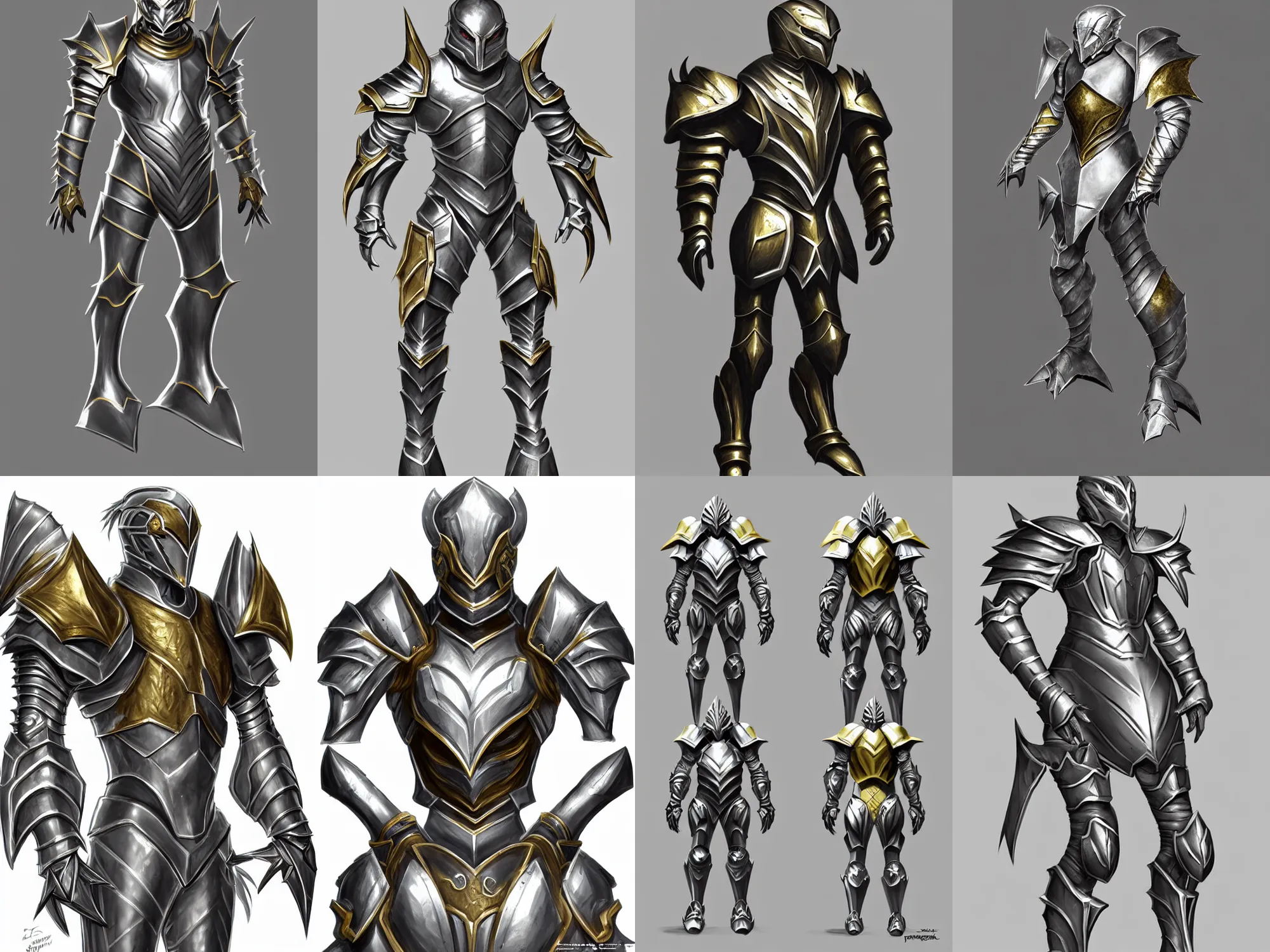 Prompt: fantasy carapace armor, concept sketch, silver with gold trim, extremely polished, heavy exaggerated proportions, huge shoulder pauldrons, flat shading, smooth, uncluttered, extremely clean, fantasy character portrait, professional concept art, orthographic front view, A-pose, full body