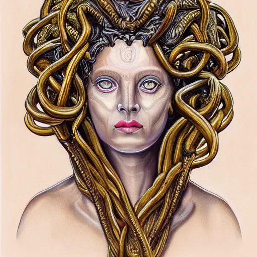 Image similar to symmetrical, detailed portrait color painting of medusa by greg rutowski, gold tones, priestess, full body