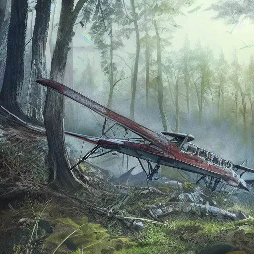 Prompt: an old plane crashed on a hill, there is a forest in the background, texture, intricate, details, highly detailed, masterpiece, architecture, building, trending on artstation, focus, sharp focus, concept art, digital painting, fantasy, sunny, day, midday