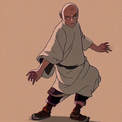 Prompt: a study of cell shaded cartoon of a monk dancing on a desert road, full body, wide shot, very muted colors, post grunge, studio ghibli, laurie greasley, highly detailed, deviantart, art by artgem