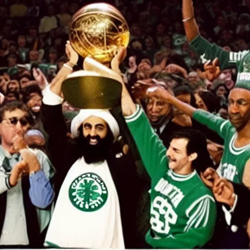 Prompt: photo of osama bin laden lifting nba larry o'brien trophy, boston celtics