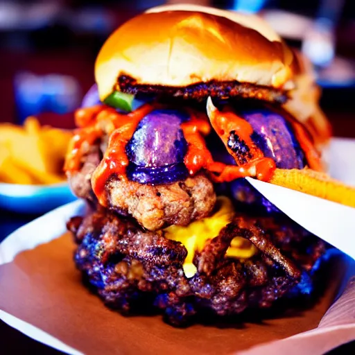 Prompt: tarantula burger, award winning photo, food photography, golden hour, holy