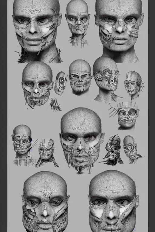 Image similar to aztec facial anatomy with gunmetal grey skin, medical anatomy, very symmetrical face, highly detailed, three - perspective / three - view reference sheet ( front / back / side ), in the style of dan ouellette, steven jung, amanda lilleston, hr giger, sil from species, dren from splice, mecha, artstation, unreal engine