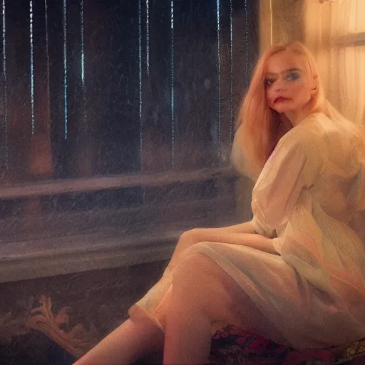 Prompt: Elle Fanning at night in the world of John Sargent, stormy weather, extremely detailed masterpiece, oil on canvas, low-key neon lighting, artstation, Blade Runner 2049, Roger Deakin’s cinematography, by J. C. Leyendecker and Peter Paul Rubens,