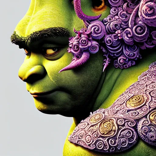 Image similar to a beautiful detailed front view portrait of shrek with ornate growing around, ornamentation, flowers, elegant, beautifully soft lit, by hajime sorayama, wayne barlowe, peter mohrbacher, kelly mckernan,