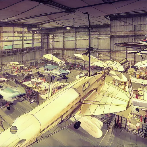 Prompt: A crowded old helicopters station, by Dice Tsutsumi, Makoto Shinkai, Studio Ghibli