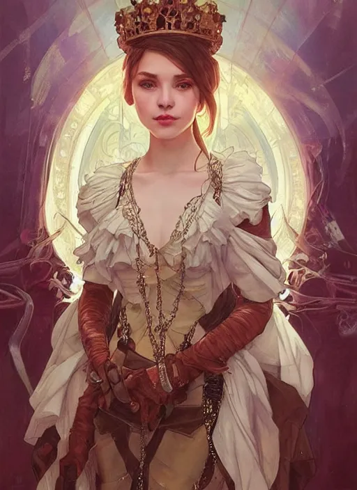 Image similar to hannah owo as queen, incredibly detailed face, pretty face, light dress, true anatomy, art by artgerm and greg rutkowski and alphonse mucha