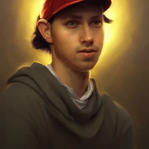 Image similar to portrait of tyler the crestor with baseball hat, staring directly into camera, intricate, elegant, glowing lights, highly detailed, digital painting, artstation, sharp focus, illustration, art by wlop, mars ravelo and greg rutkowski