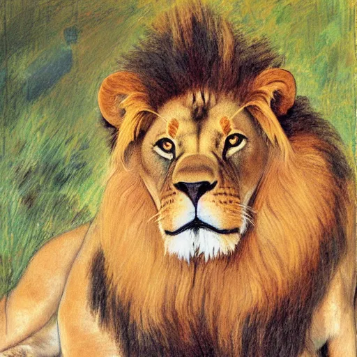 Prompt: realistic face of a lion, painted in Mary Cassatt style