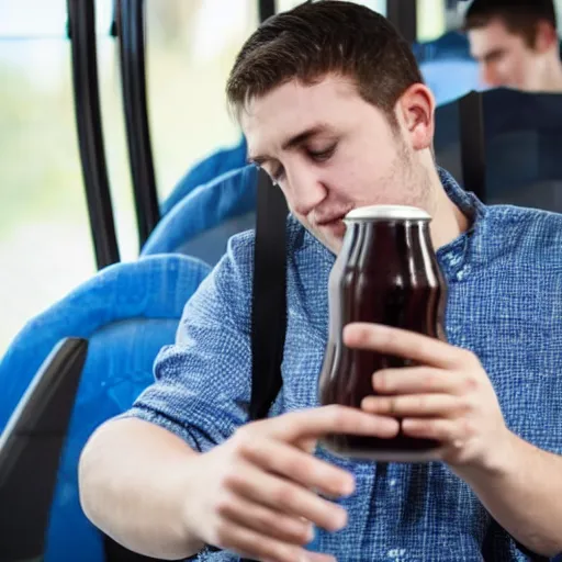 Image similar to a tired young university student is riding a crowded bus with a couple of fizzy dark beer bottles in his hands. student is looking at his smartphone. close up 4 k photo, bokeh, 5 0 mm, stock photo