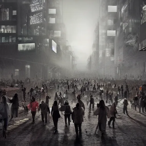 Image similar to hordes of drone-like people aimlessly walking around a depressing dystopian cityscape , trending on artststion, hyper realistic, surreal, melancholic, 8k, upscaled