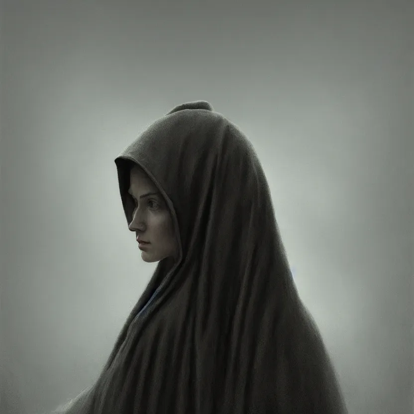 Image similar to Portrait of a young woman wearing a hooded robe, anatomically correct, perfect face, cinematic lighting, candid, intricate, elegant, highly detailed digital painting, trending on Artstation, concept art, smooth, sharp focus, illustration and art by Beksinski, by Simon Stalenhag