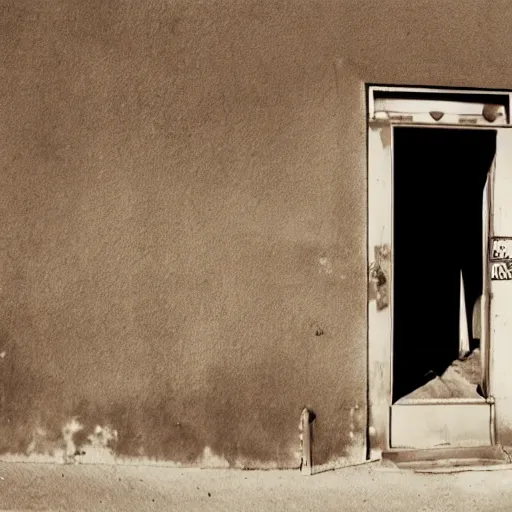 Prompt: a cowboy going through the door of an old gas station, Joshua Tree Park, dust flying, cinematography by Roger Deakins in cinemascope