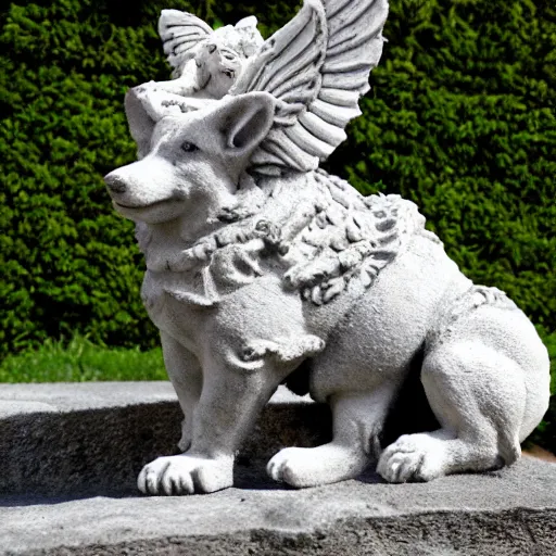 Image similar to corgi gargoyle with wings made of stone, uncropped, photography