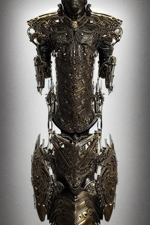 Image similar to hyper realistic glorious ancient celtic god in a obsidian metal armor, futuristic design, designed by makoto kobayashi and luca zampriolo, portrait, cyberpunk style, wood and gold details, intricate, extremely detailed, ornate, deep of field, hard surface, exoskeleton, substance designer metal