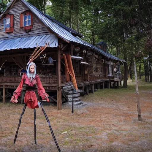 Prompt: Baba yaga tavern walking on stilts. No people. Stilts have claws.