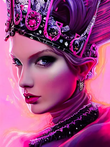 Image similar to pink portrait of beautiful female angel queen Taylor Swift head wearing shiny pink crown, subtle purple accents, hyper details, black metal rococo, sculpted by Alex Alice, Craig Mullins, yoji shinkawa, trending on artstation, beautifully lit, Peter mohrbacher, hyper detailed, insane details, intricate, elite, elegant, luxury, ray of light through smoke, CGsociety, hypermaximalist, blackpink, golden ratio, volumetric, octane render, weta digital, micro details, 3d sculpture