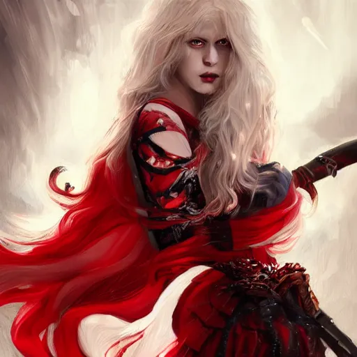 Prompt: stunning comic book style portrait painting of Long White Haired beautiful european woman wearing red dress holding black blade, red eyes, in the style of WLOP, 8k masterpiece, cinematic lighting, pristine clean design, high fantasy, insanely detailed, atmospheric,