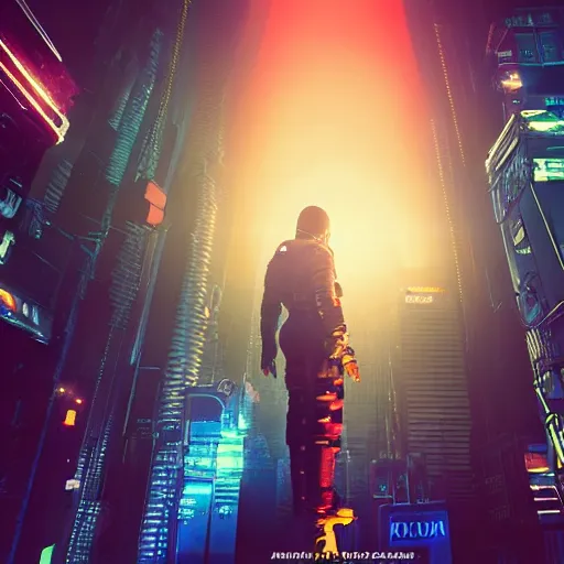 Image similar to professional photo of astronaut from low angle shot with cyberpunk city on background, synthwave, blade runner, hyperrealistic masterpiece, trending on artstation, cgsociety, kodakchrome, golden ratio, cinematic, composition, beautiful lighting, hyper detailed, sharp focus, octane render, 4 k, unreal engine