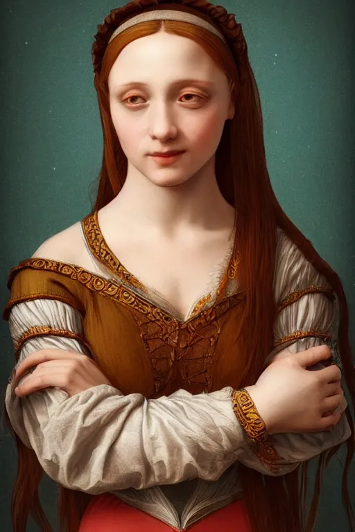 Image similar to a cute renaissance woman inspired by leonardo da vinci, vivid colors, high details, cinematic, 8k resolution, beautiful detailed, photorealistic, digital painting, artstation, concept art, smooth, sharp focus, illustration, fantasy background, artstation trending, octane render, unreal engine