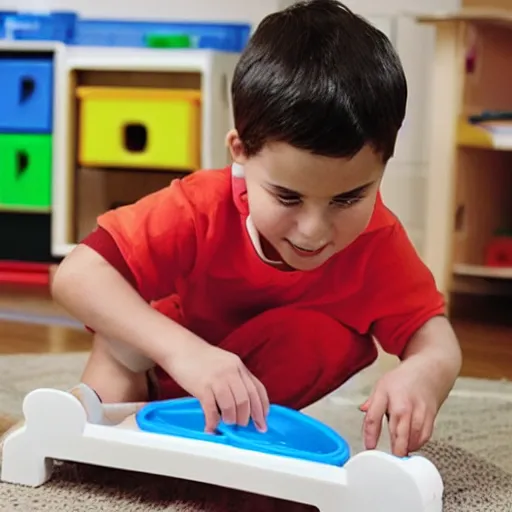 Prompt: a kid playing with his used Fisher Price guillotine