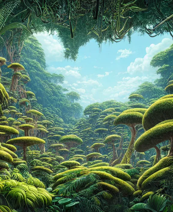 Image similar to an enormous conservatory made from exotic fungus, overgrown with huge weird ferns, on an ocean cliff side, noon, sun drenched, partly cloudy, by dan mumford, yusuke murata, makoto shinkai, ross tran, cinematic, unreal engine, cel shaded, featured on artstation, pixiv