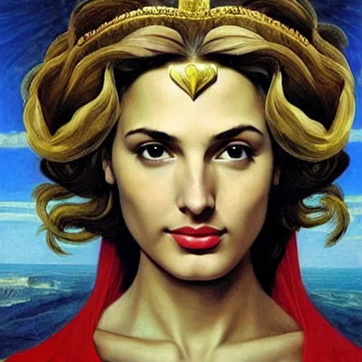 Image similar to Head and shoulders masterpiece portrait oil painting of the beautiful goddess Gal Gadot as Supergirl, she is wearing roman clothes and a surreal jewelry, her hair is natural disheveled, she is approaching heaven over the clouds, naturalism, dramatic lighting, high-detailed oil painting by Ilya Repin, Michelangelo da Caravaggio, William Blake, Alex Grey and Beksinski, trending on Artsation, hystorical painting, naturalism, masterpiece, full body shot, 4k, 8k,
