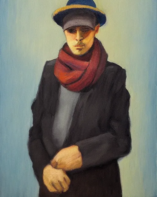 Image similar to a painting of a person wearing a hat and scarf, an oil on canvas painting by Luc Tuymans, featured on reddit, synthetism, oil on canvas, academic art, art on instagram