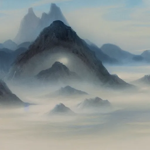 Prompt: fantasy painting of a gigantic cybrog submering out of the fog from the mountains, looking at you from far away