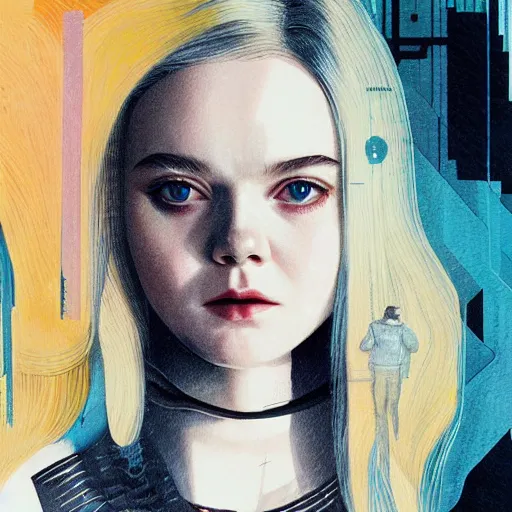 Prompt: Elle Fanning in Blade Runner 2049 picture by Sachin Teng, asymmetrical, dark vibes, Realistic Painting , Organic painting, Matte Painting, geometric shapes, hard edges, graffiti, street art:2 by Sachin Teng:4