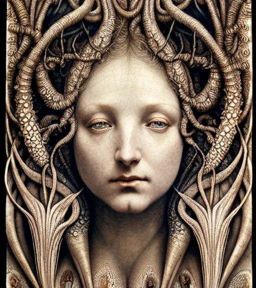 Image similar to detailed realistic beautiful botanical goddess face portrait by jean delville, gustave dore, iris van herpen and marco mazzoni, art forms of nature by ernst haeckel, art nouveau, symbolist, visionary, gothic, neo - gothic, pre - raphaelite, fractal lace, intricate alien botanicals, ai biodiversity, surreality, hyperdetailed ultrasharp octane render