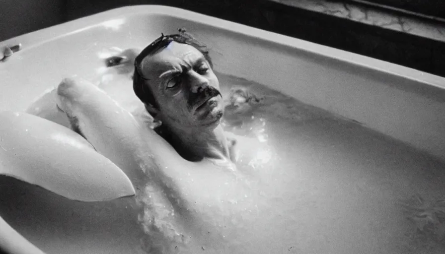 Prompt: 1 9 6 0 s movie still by tarkovsky of jean - paul marat a knife stuck in the chest in his bath, cinestill 8 0 0 t 3 5 mm b & w, high quality, heavy grain, high detail, panoramic, cinematic composition, dramatic light, anamorphic, raphael style, piranesi style, bloody